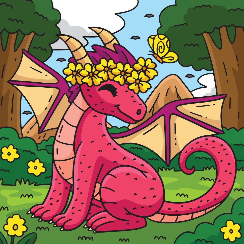 Dragon with a Flower Crown Colored Cartoon vector