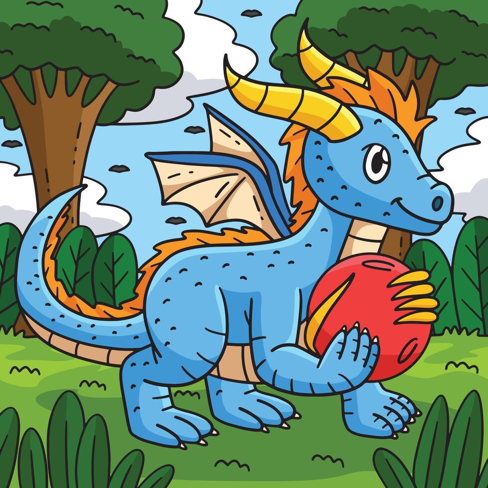 Dragon with Orb Colored Cartoon Illustration vector