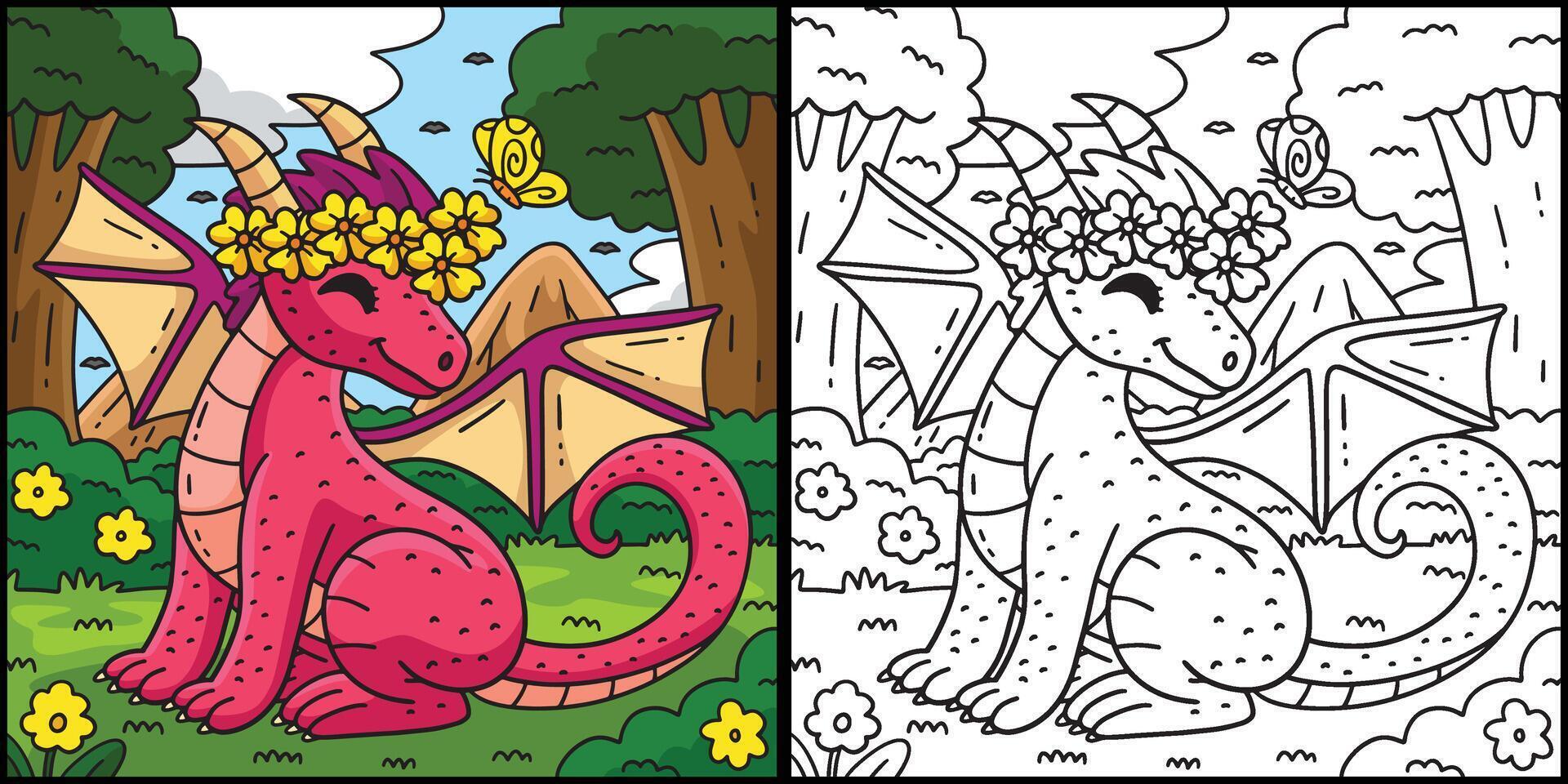 Dragon with Flower Crown Coloring llustration vector