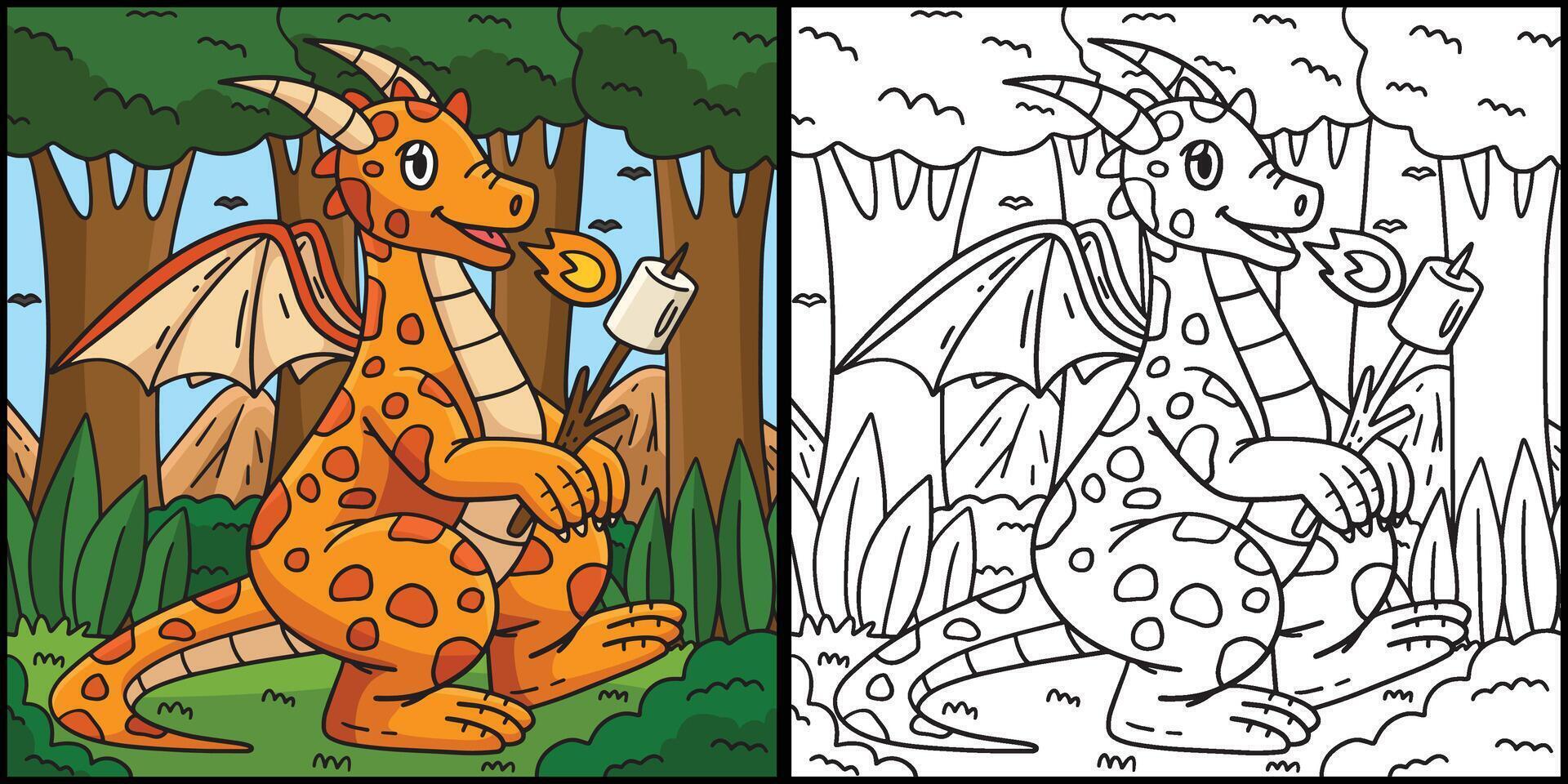 Dragon Roasting Marshmallow Coloring Illustration vector