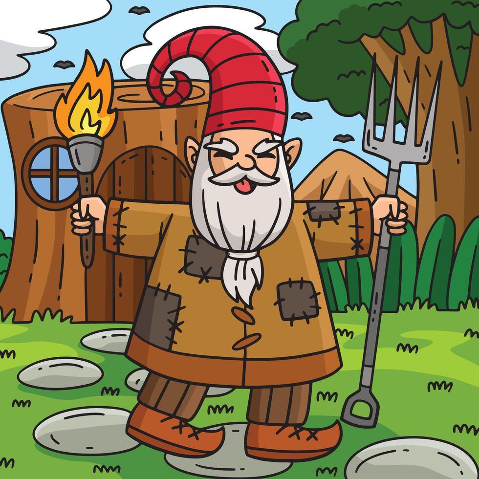 Gnome with a Torch and Pitch Fork Colored Cartoon vector