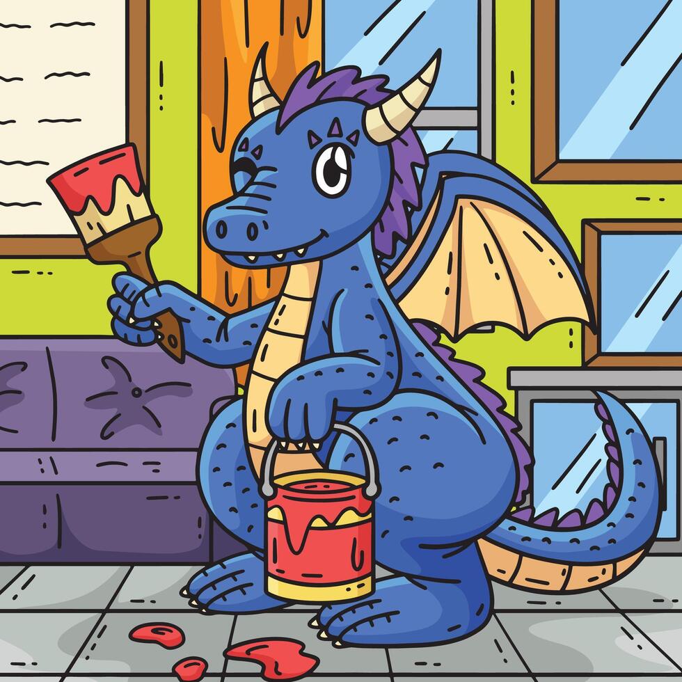 Dragon with Painting Tools Colored Cartoon vector