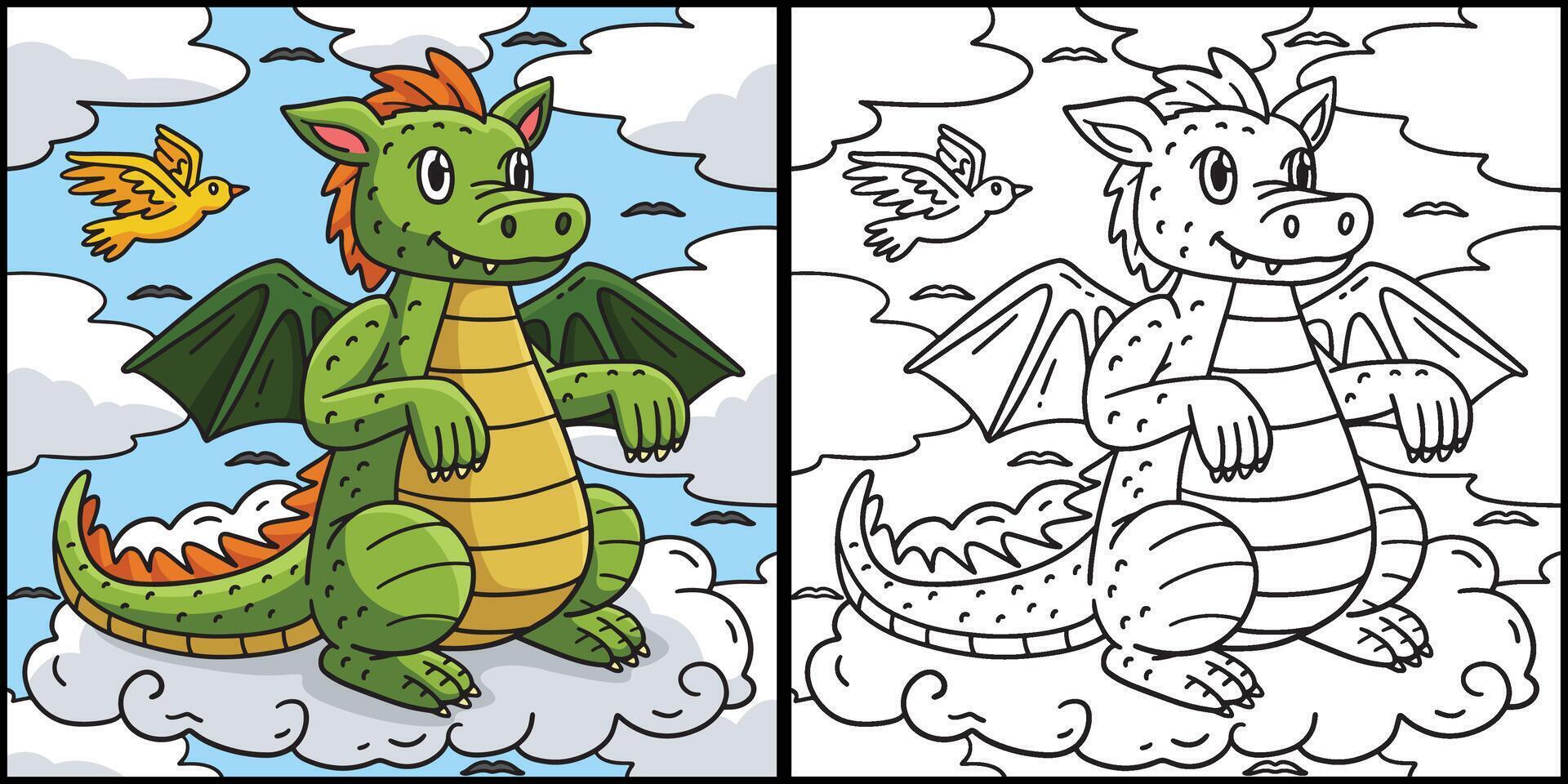 Dragon Sitting on a Cloud Coloring Illustration vector