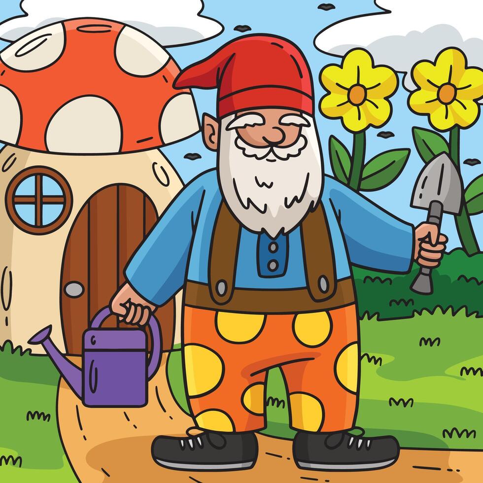 Gnome with Gardening Tools Colored Cartoon vector