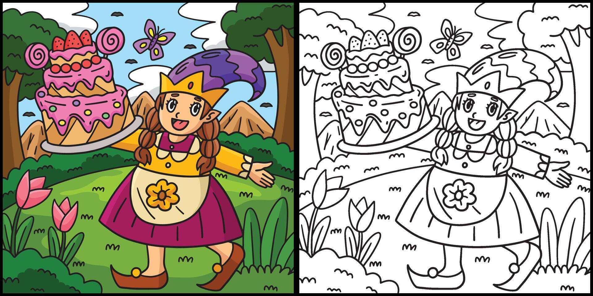 Gnome with Birthday Cake Coloring Illustration vector