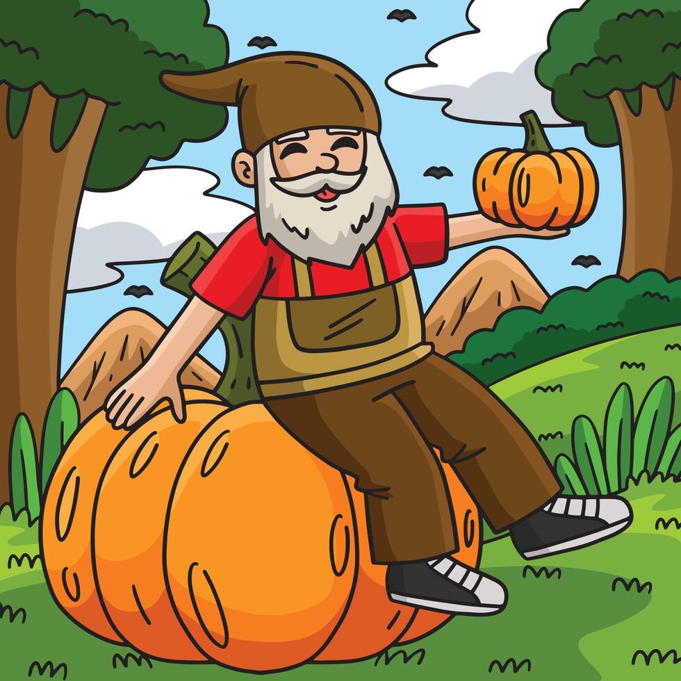 Gnome Sitting on a Pumpkin Colored Cartoon vector
