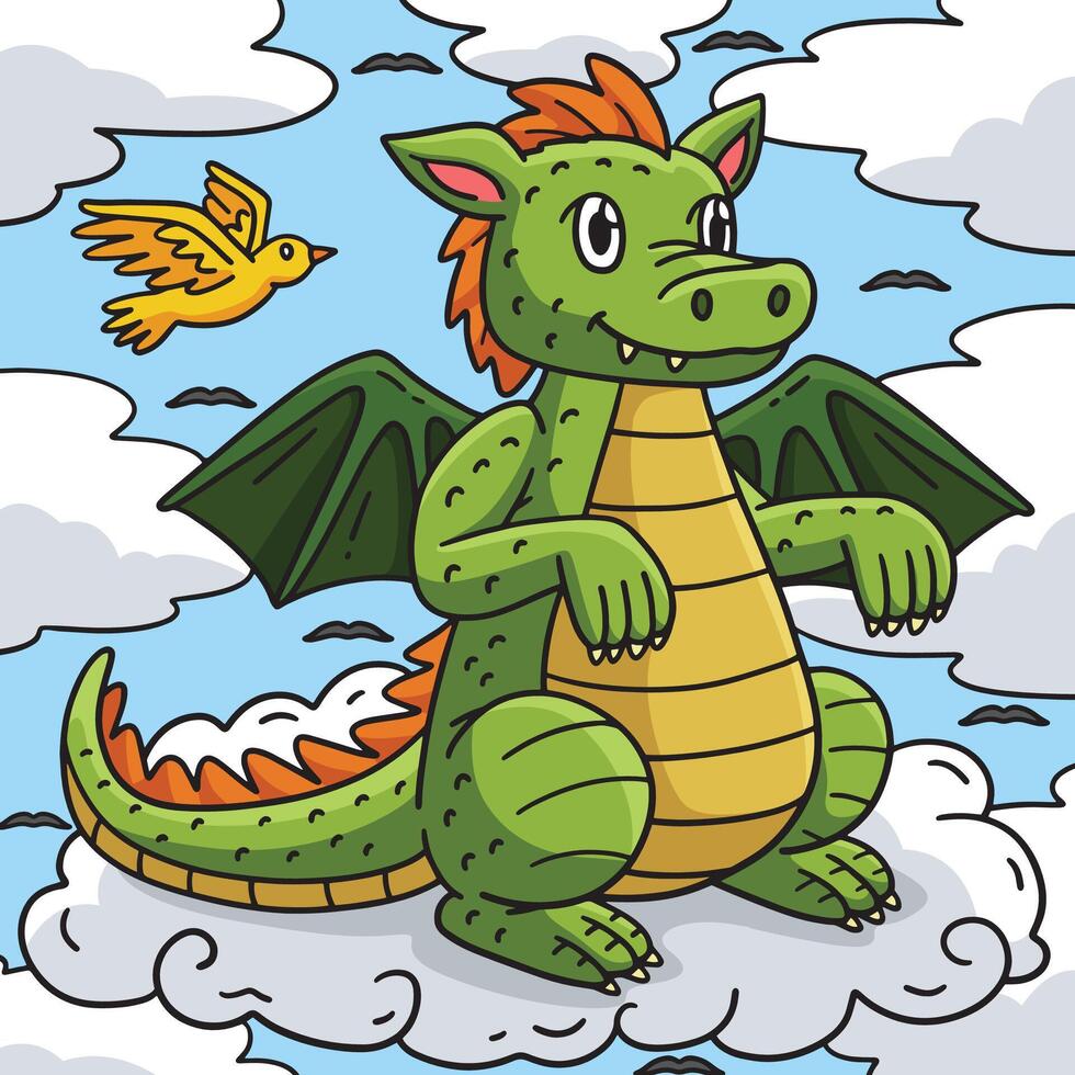 Dragon Sitting on a Cloud Colored Cartoon vector