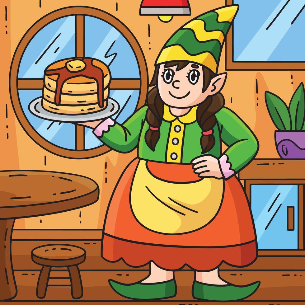 Gnome with Plate of Pancake Colored Cartoon vector