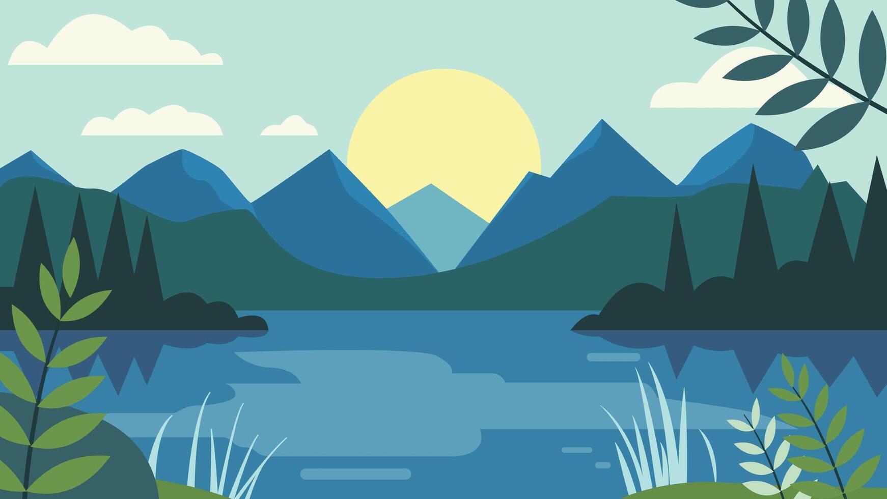 Peaceful Nature Landscape of Mountain and Lake River with Sun in Green Forest vector