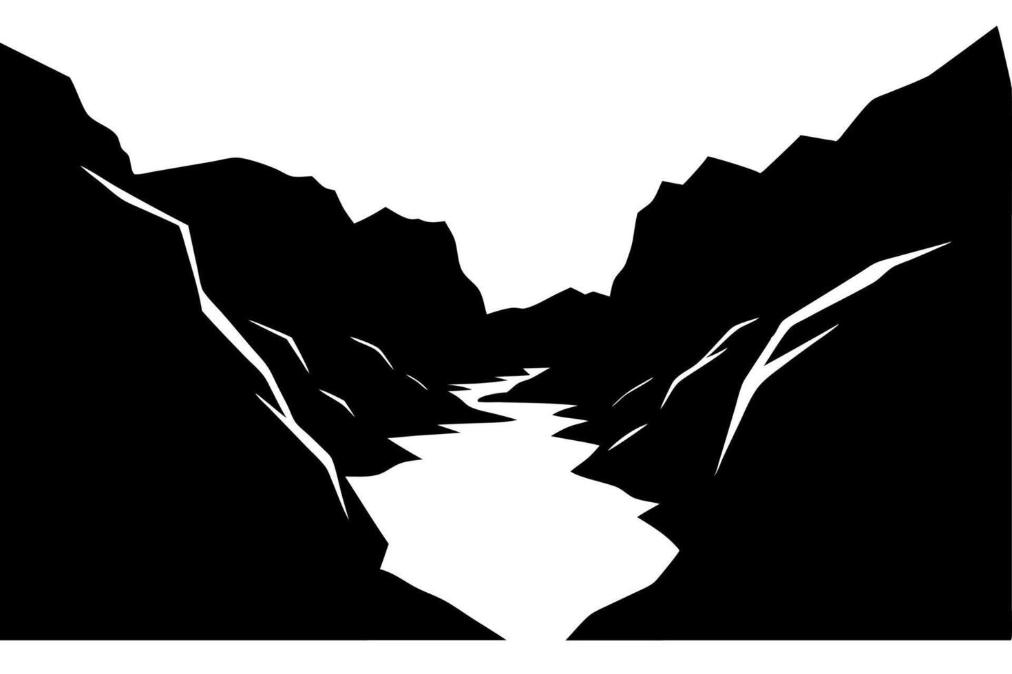 A black and white silhouette of a river in the mountains vector