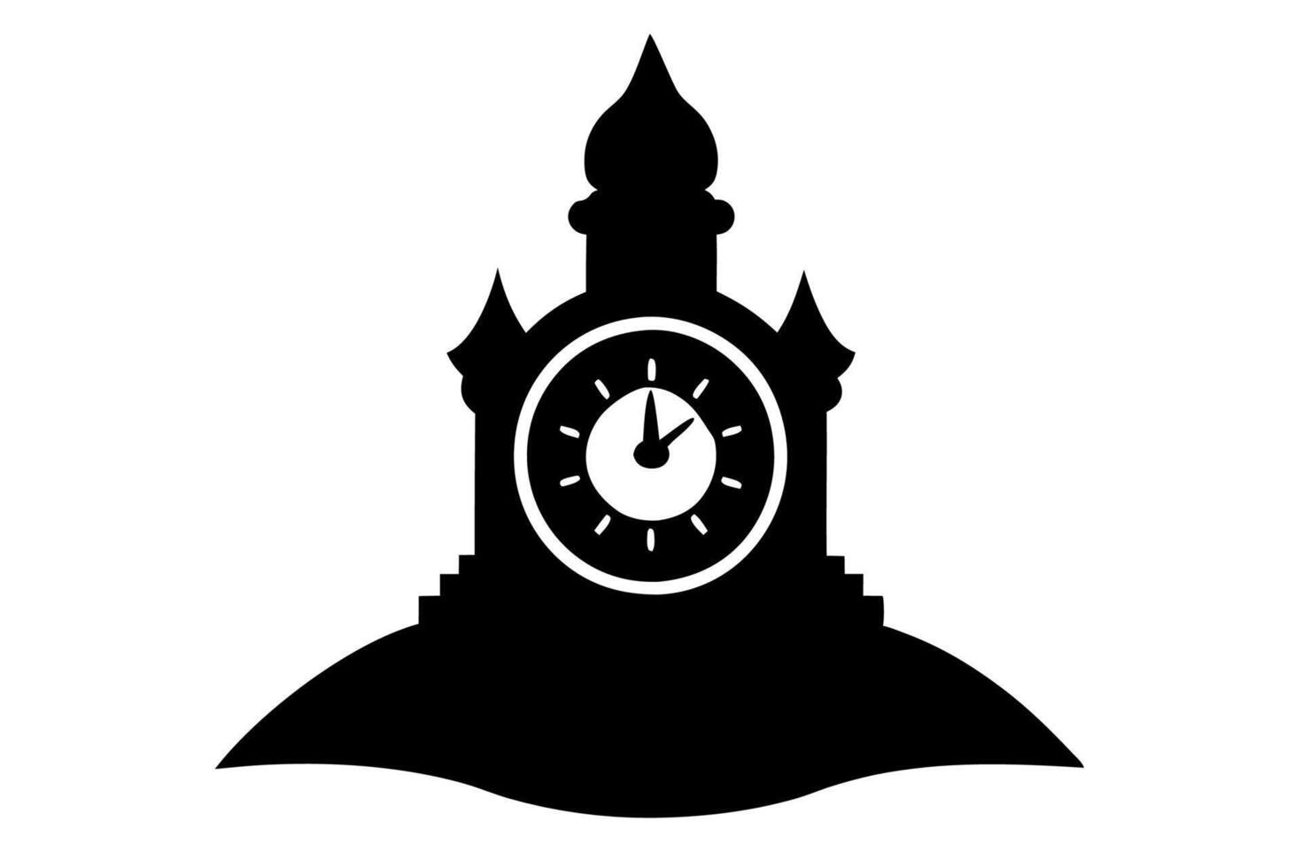 A black and white silhouette of a castle with a clock vector