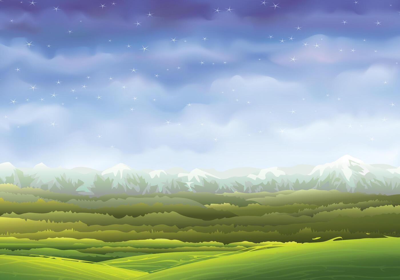 A beautiful summer landscape with rolling green hills with clear blue sky and distant mountains vector