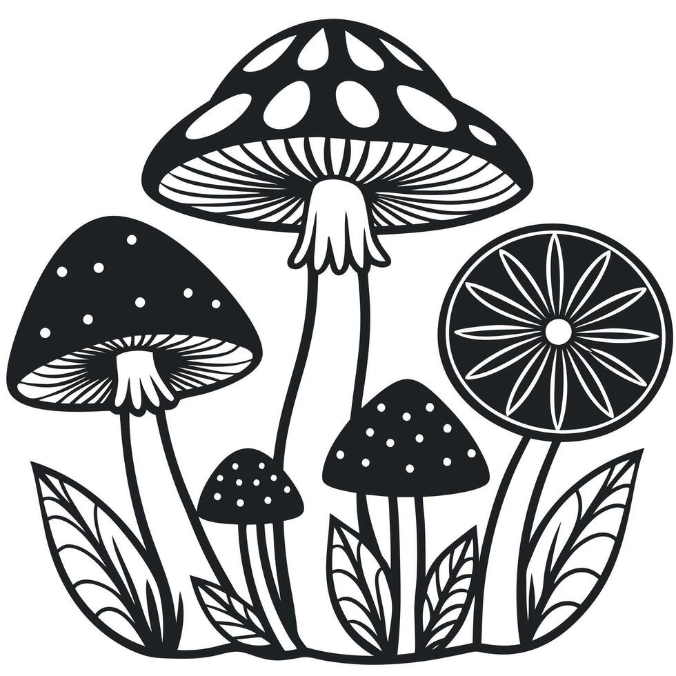 Mushrooms and leaves in a black and white drawing vector