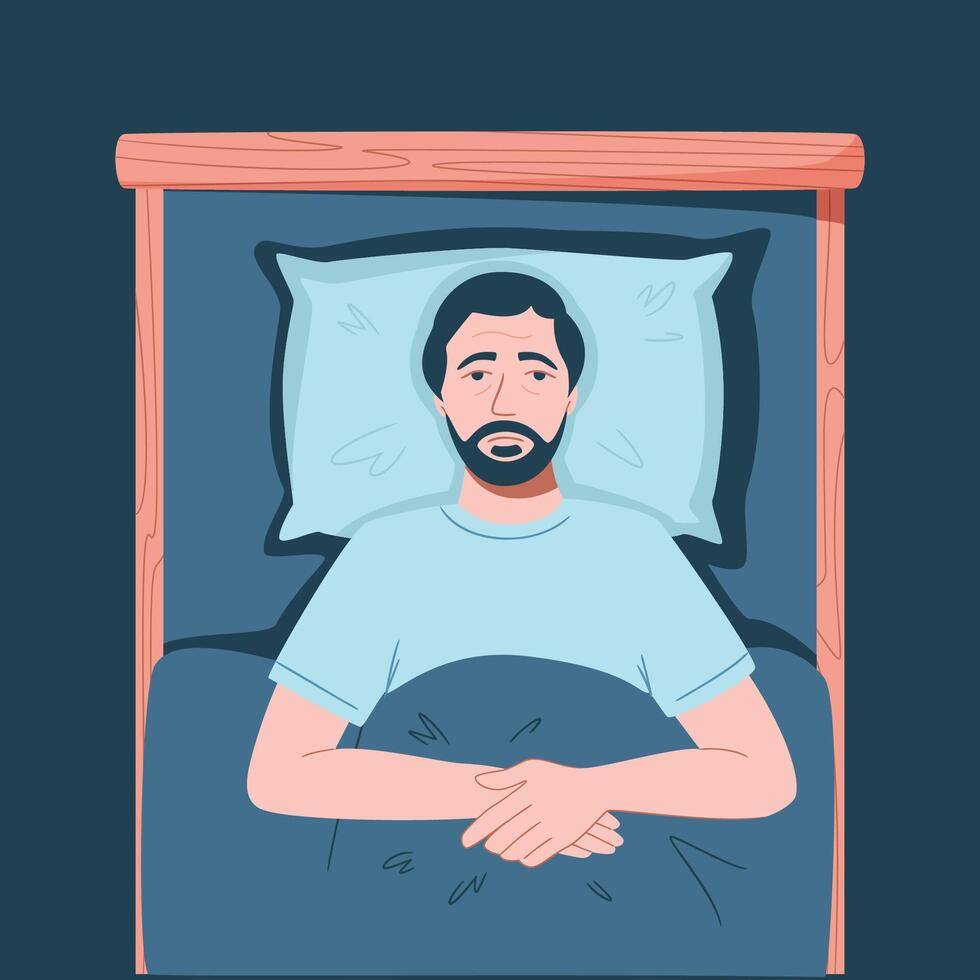 Sleep disorder, insomnia, sleeplessness. Senior tired and exhausted man lying in bed with open eyes in darkness night room. Frustrated person with problem. Character illustration in flat style vector