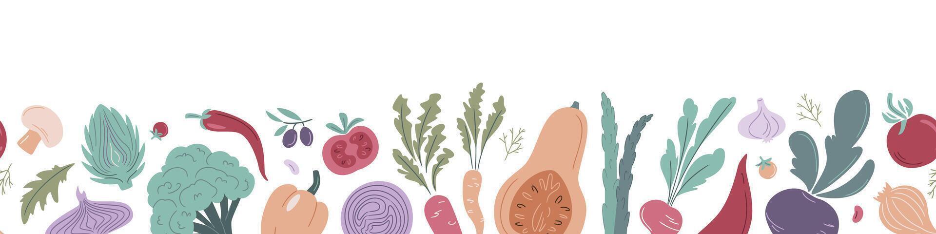Vegetables seamless pattern, border, great for textiles, wrapping, packaging. Healthy lifestyle illustration for print, web. Hand drawn illustration in flat style vector