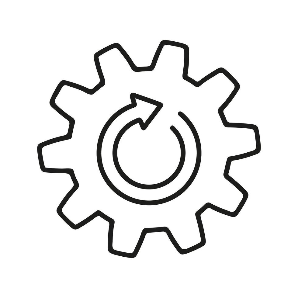 Gear wheel with arrow shape doodle. Hand drawn element for business presentations. vector