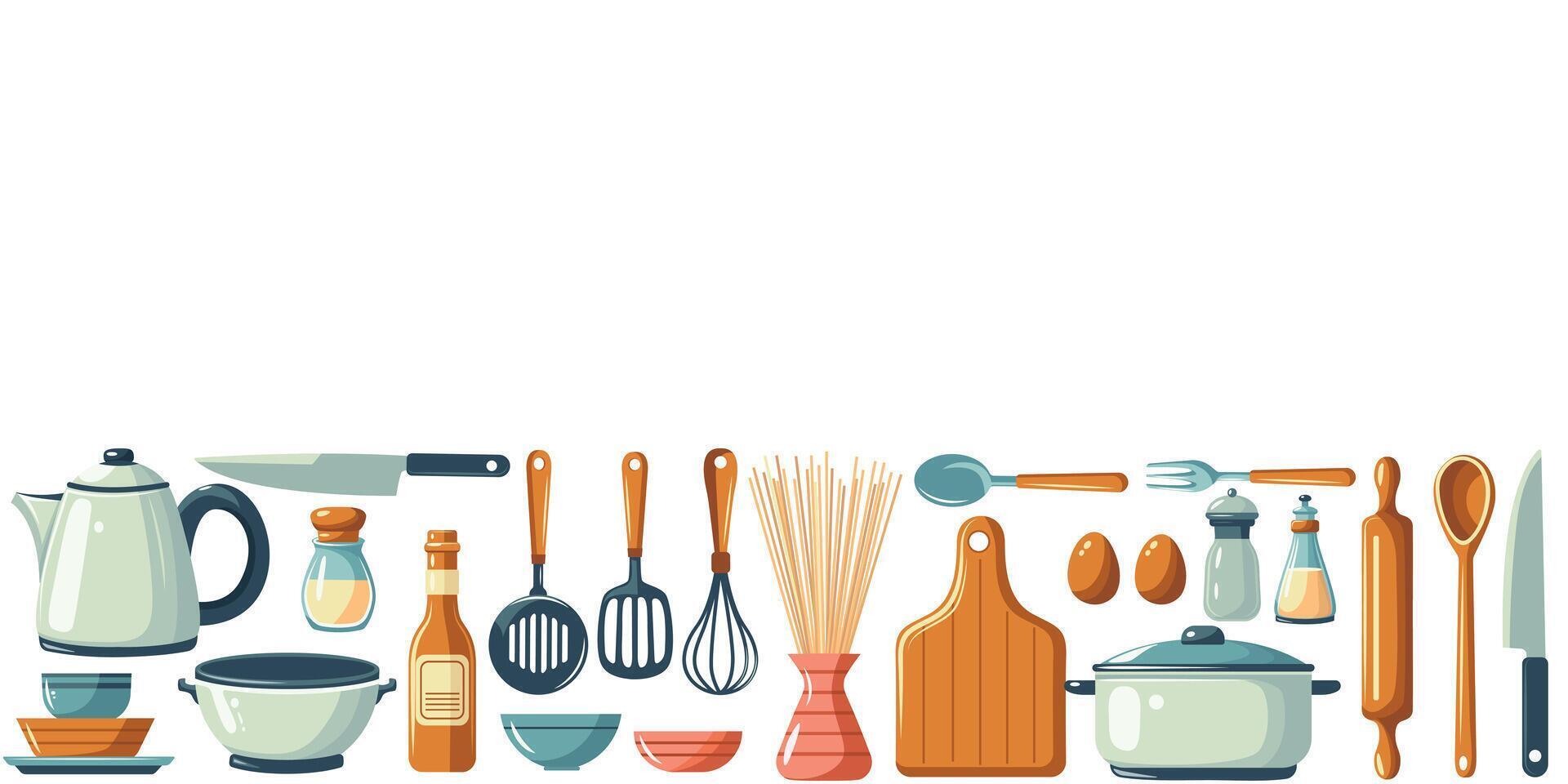 Border on the theme of kitchen utensils. Teapot, saucepan, spoons, forks and other. vector