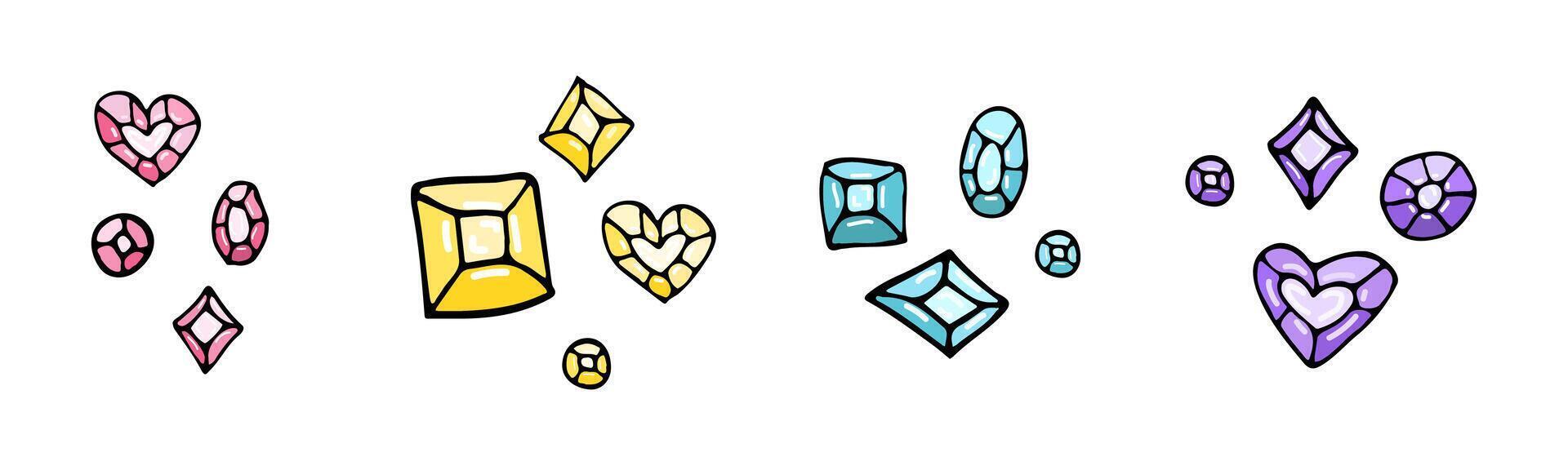 Bright, hand-drawn gemstones in various shapes and colors, perfect for luxury, beauty, or jewelry-themed designs with a playful and elegant twist vector