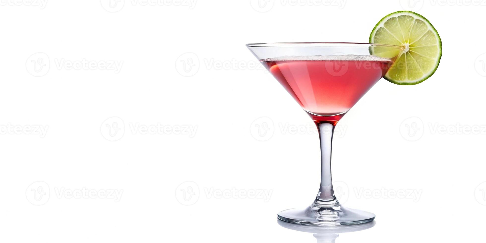 Elegant cosmopolitan cocktail in a martini glass with a lime wheel garnish isolated on a white background aerial view photo
