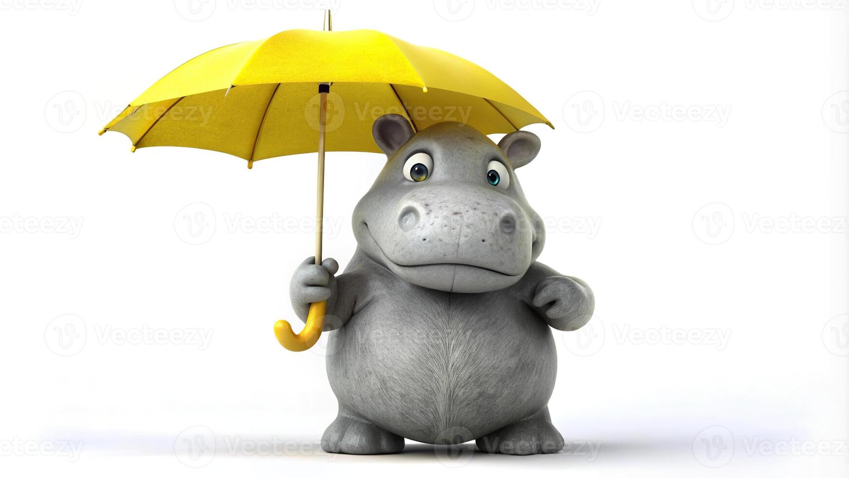 Cute gray hippo with yellow umbrella on white background with blurred depth of field photo