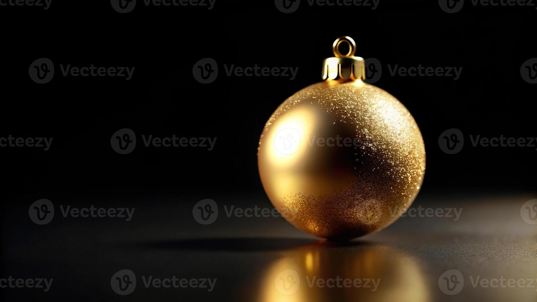 Depth of field close up of shiny gold Christmas ornaments on a black background photo