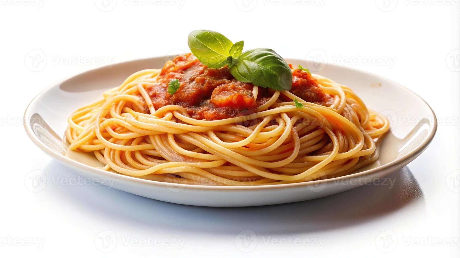 Delicious plate of spaghetti with tomato sauce on a white background, low angle view photo