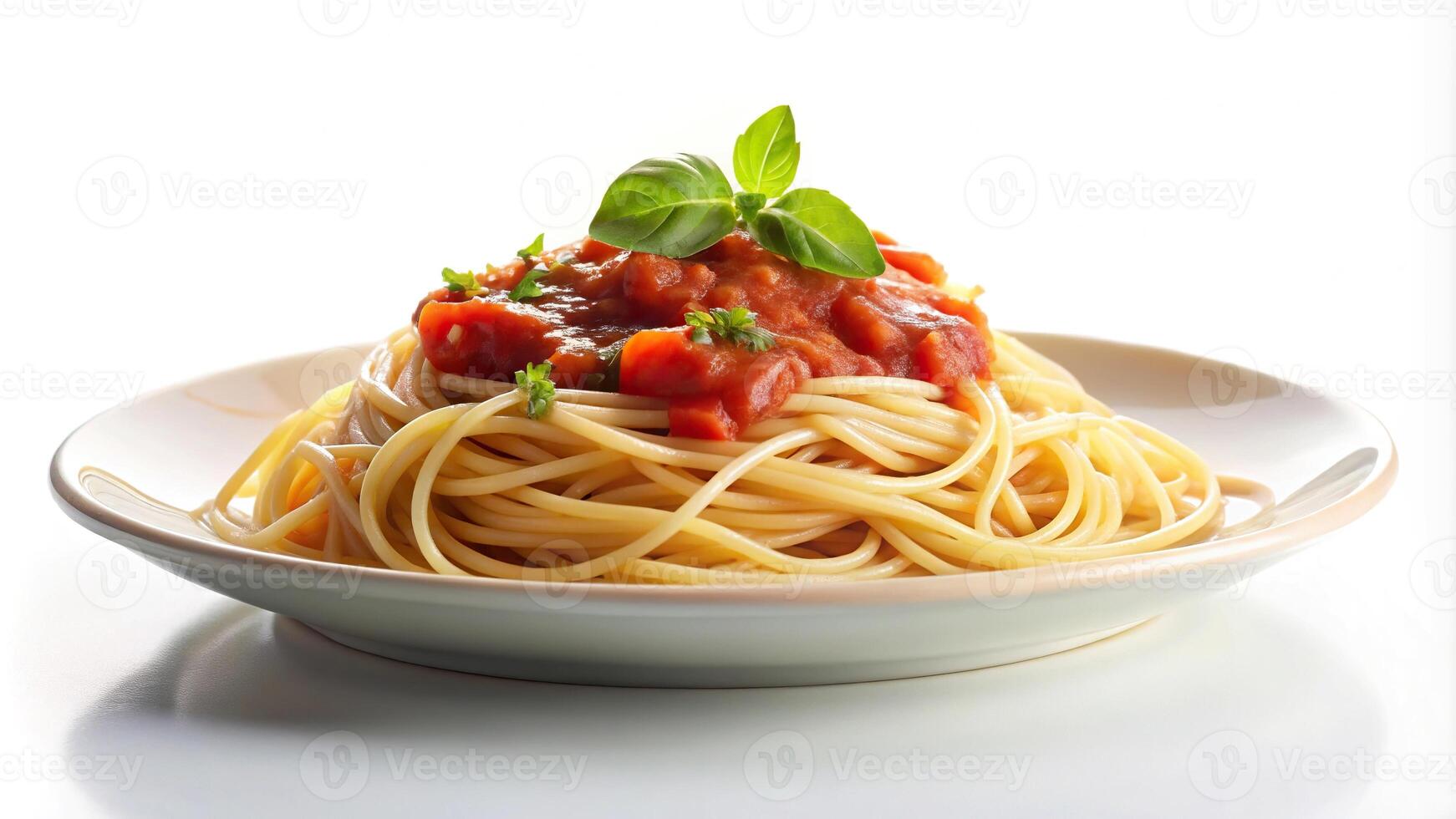Delicious plate of spaghetti with tomato sauce on white background photo