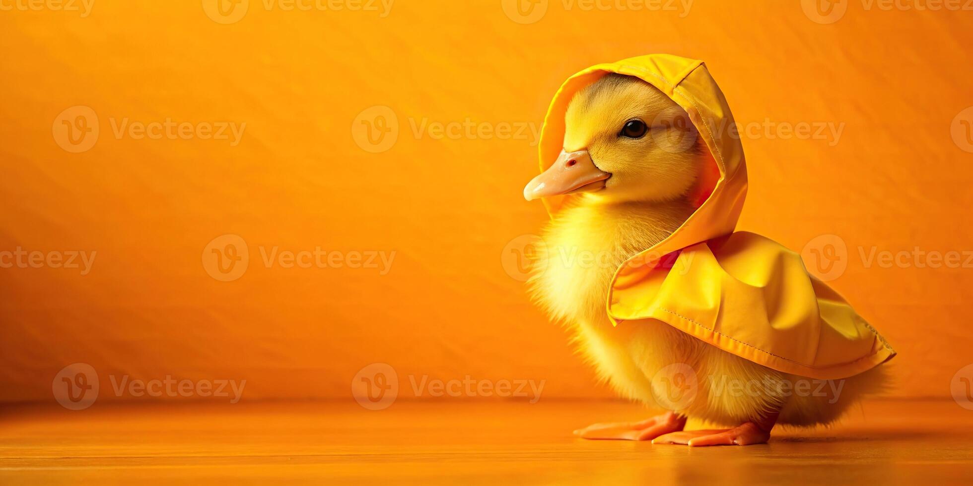 Cute little duckling in yellow raincoat standing in the rain photo