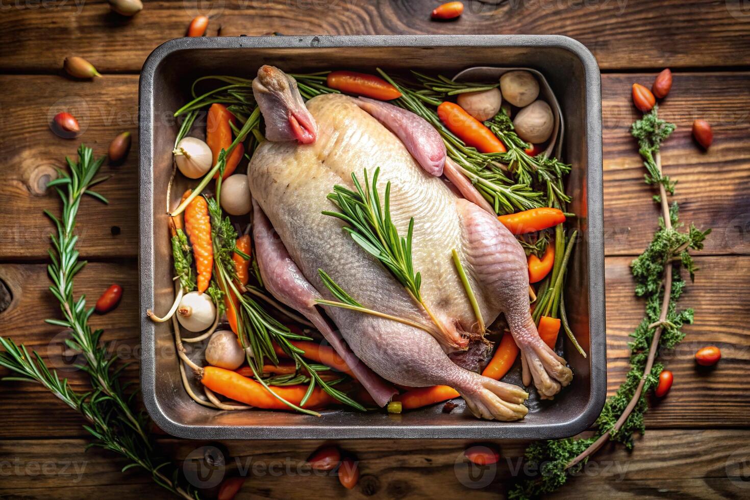 Cooking concept of stuffing a duck with various ingredients for roasting photo