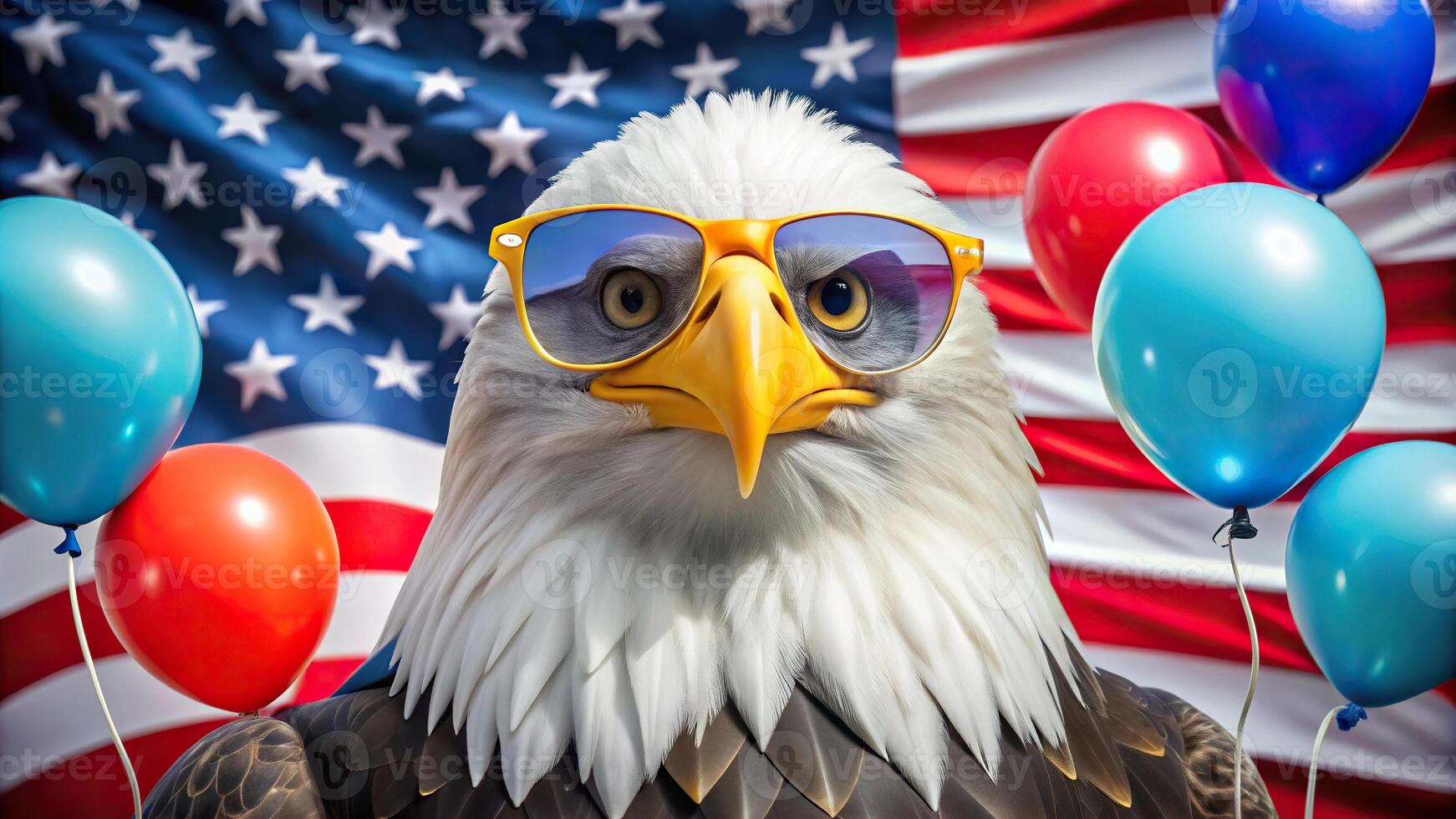 Cool bald eagle in patriotic sunglasses with balloons background and American flag high angle view photo