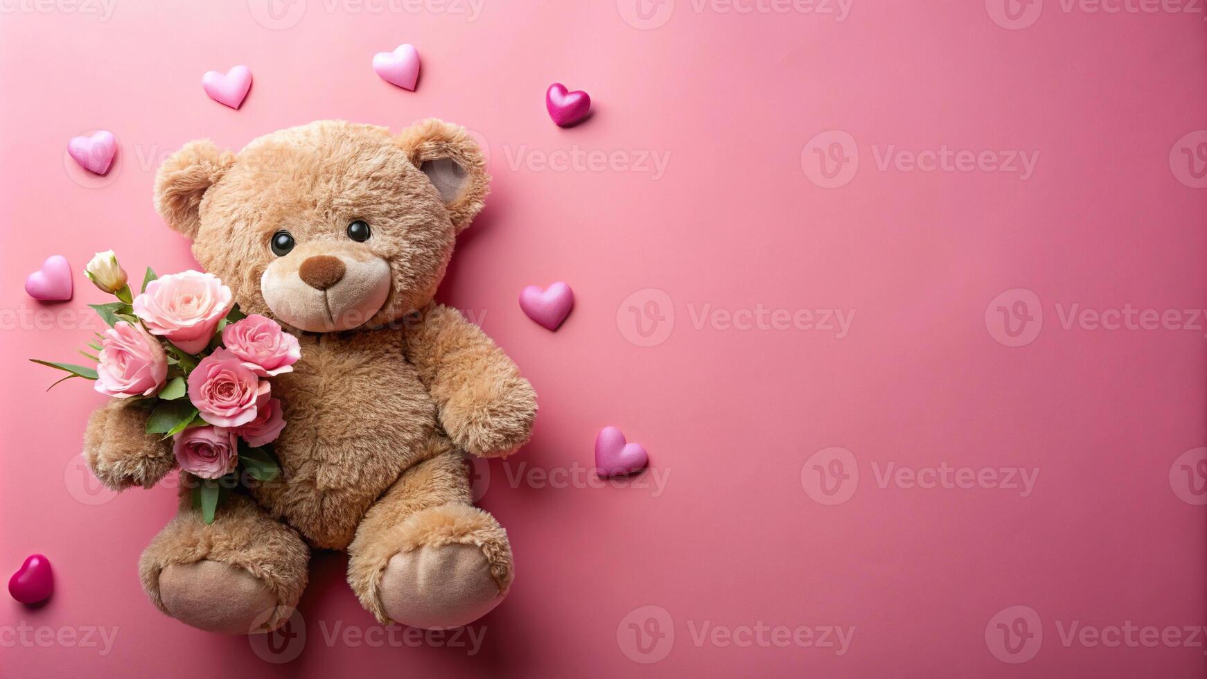 Cute romantic teddy bear on pink background with hearts and flowers photo