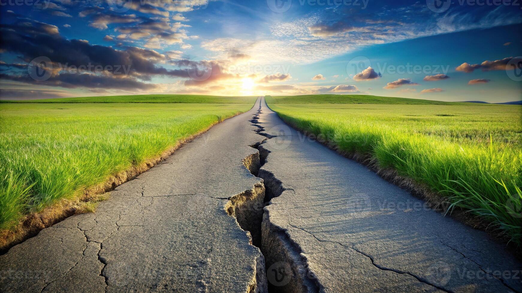 Crack in the ground breaking road with grass on both sides reflected photo