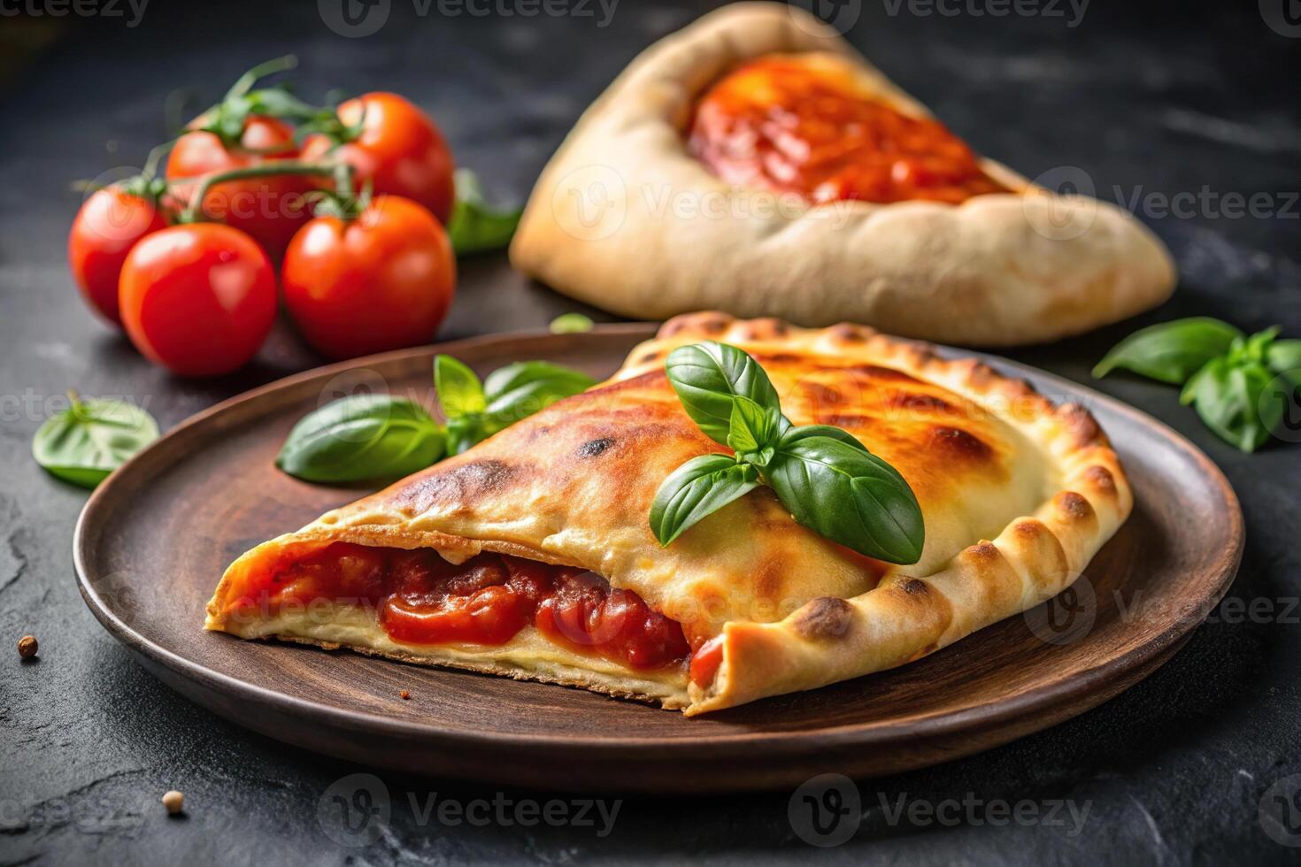 Delicious pizza calzone with tomato sauce and cheese on black plate with forced perspective photo