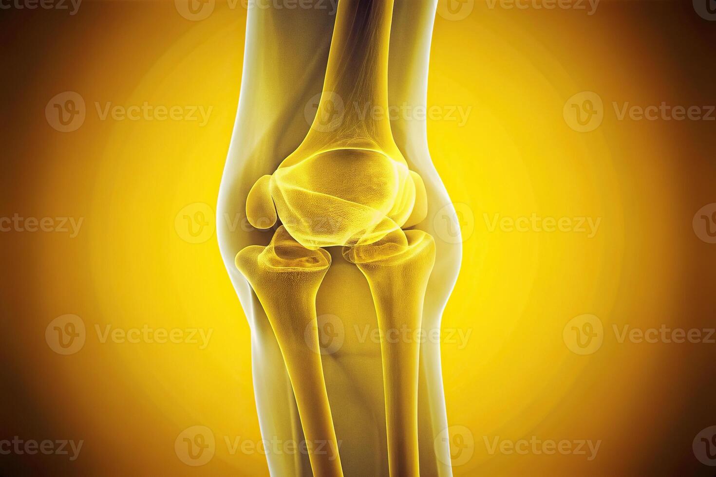 Depth of field knee x ray showing visible patella on solid yellow background photo