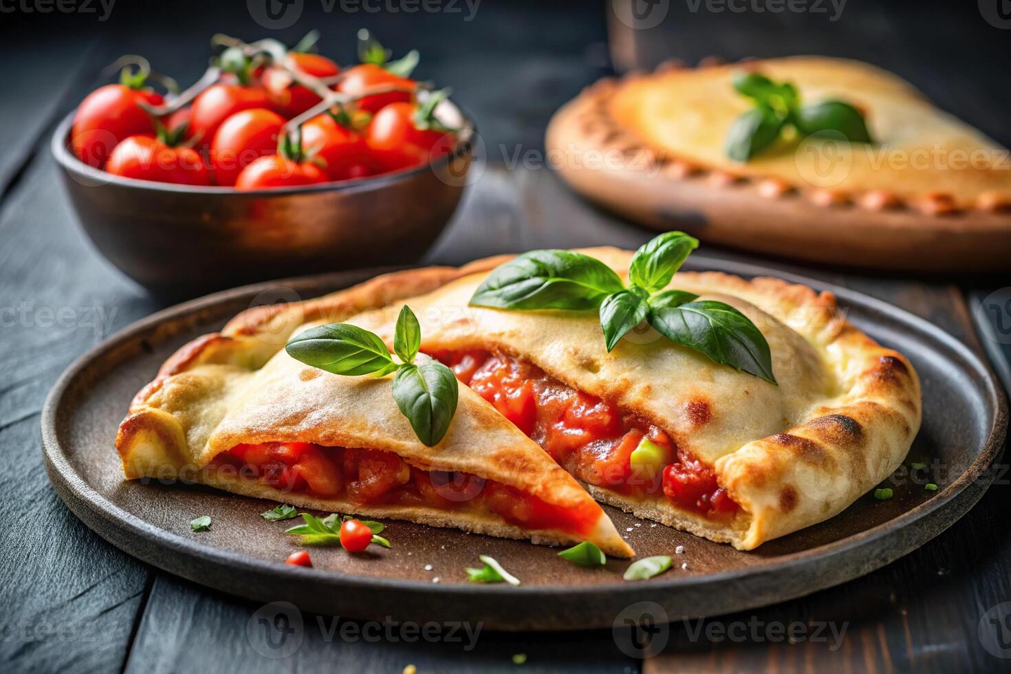 Delicious pizza calzone with tomato sauce and cheese on black plate photo