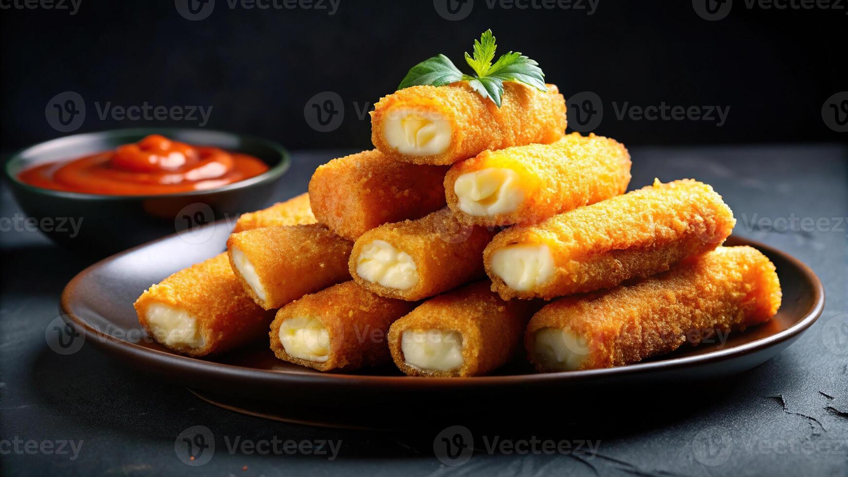 Deep fried mozzarella cheese sticks with melted cheese inside on black plate photo