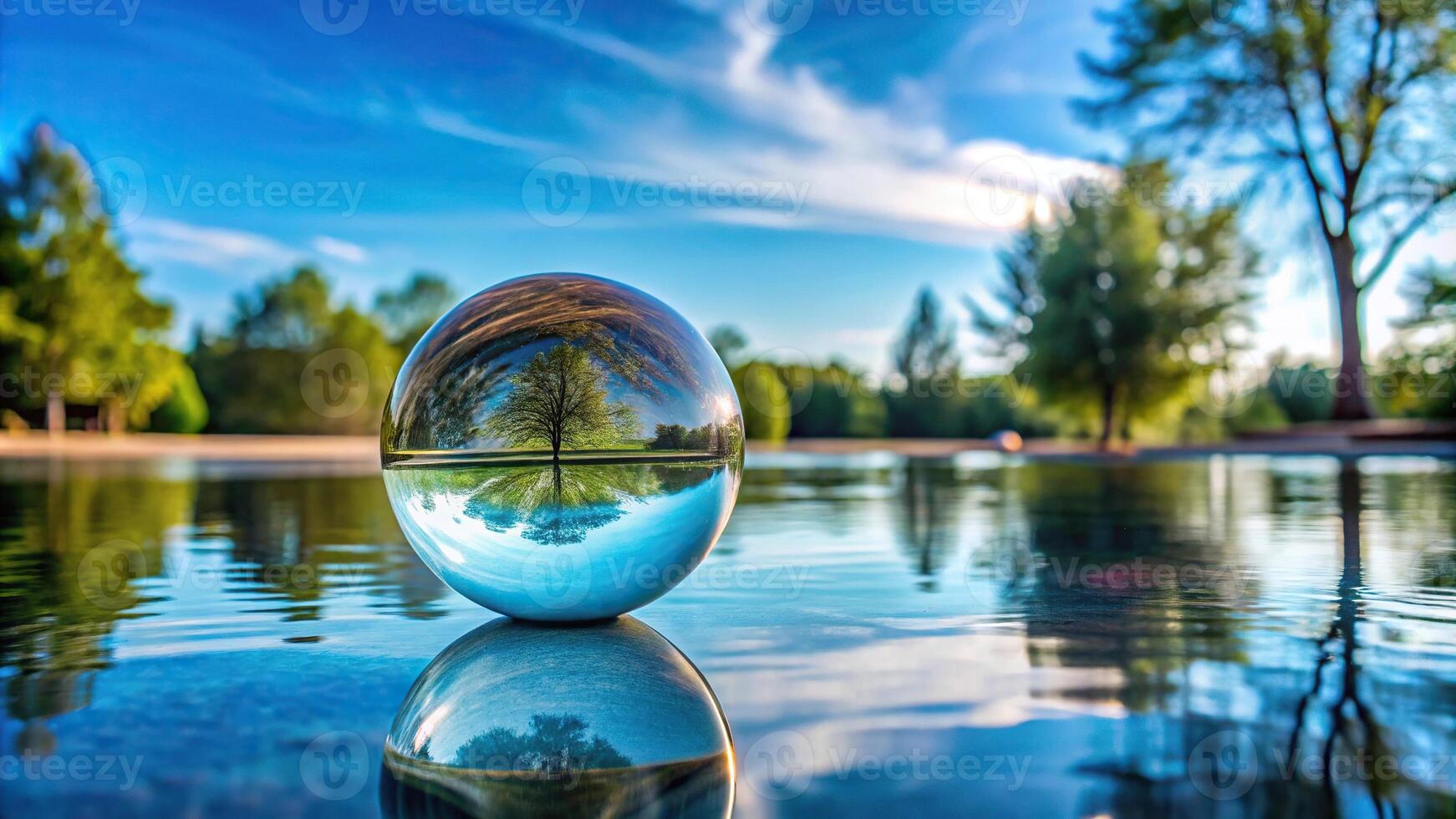 Crystal clear glass ball on pool edge beside serene blue pool surrounded by lush trees photo