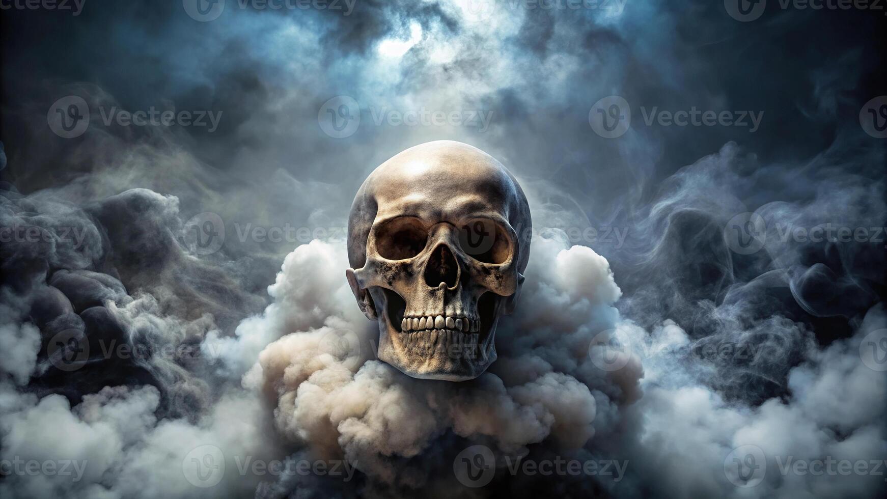 Dark and ominous large skull surrounded by cracked bones and smoke photo