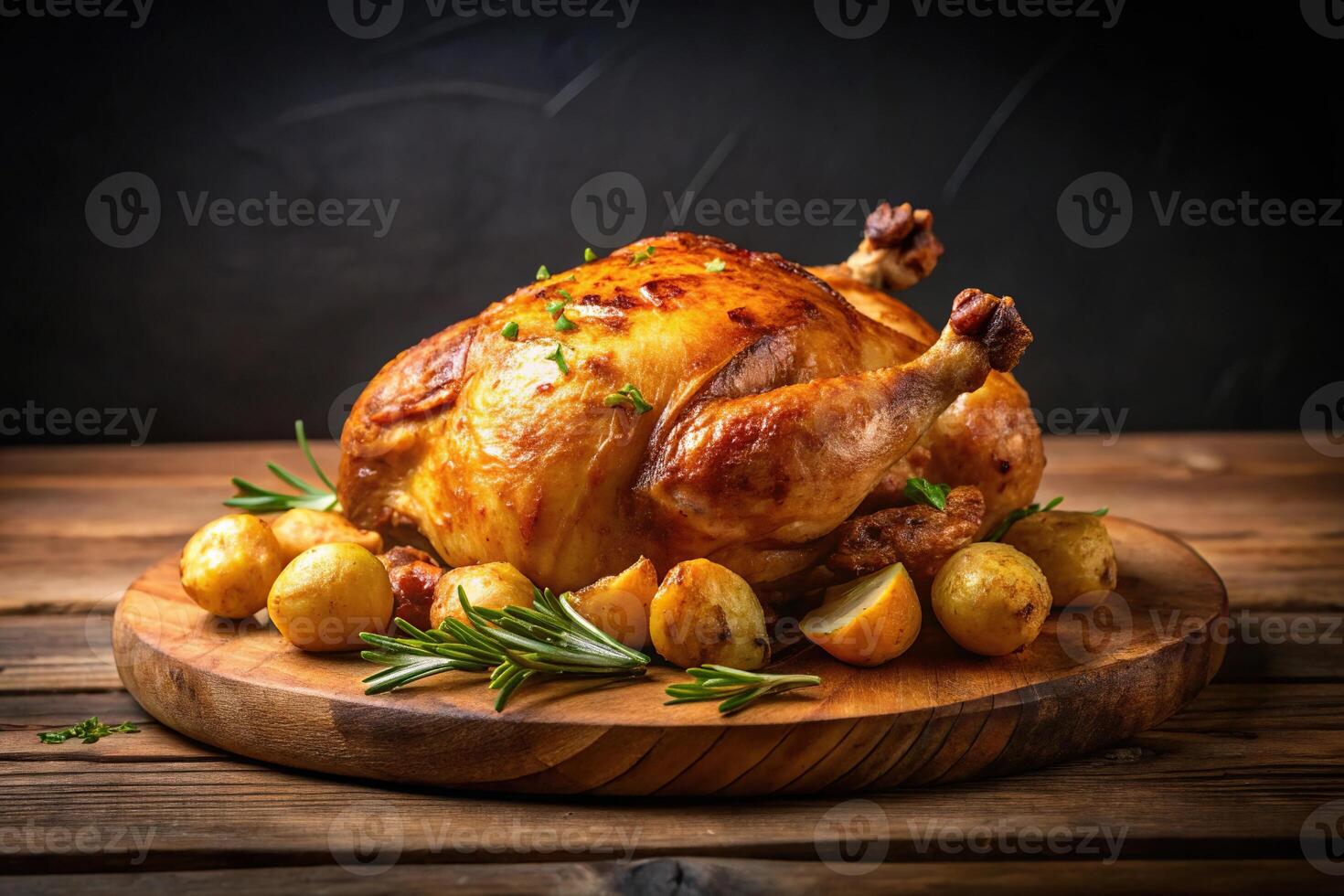 Delicious roasted chicken and potatoes on wooden table photo