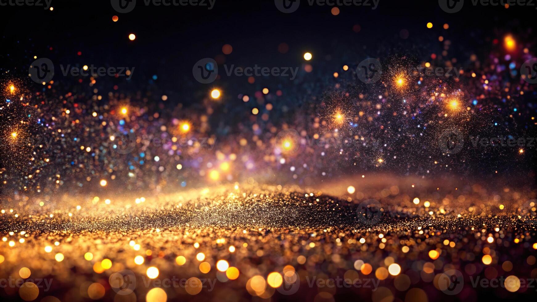 Dark black background with glowing sand and neon lights, forced perspective photo