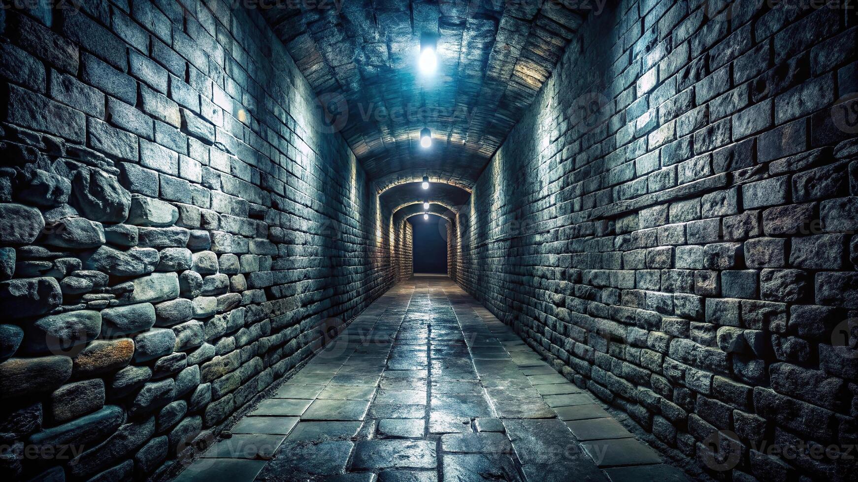 Dark dungeon corridor with stone walls photo