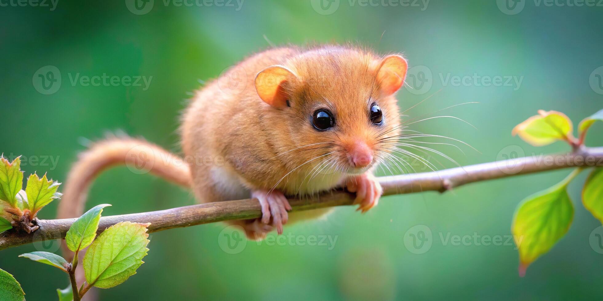Cute hazel dormouse climbing twigs in the wild photo