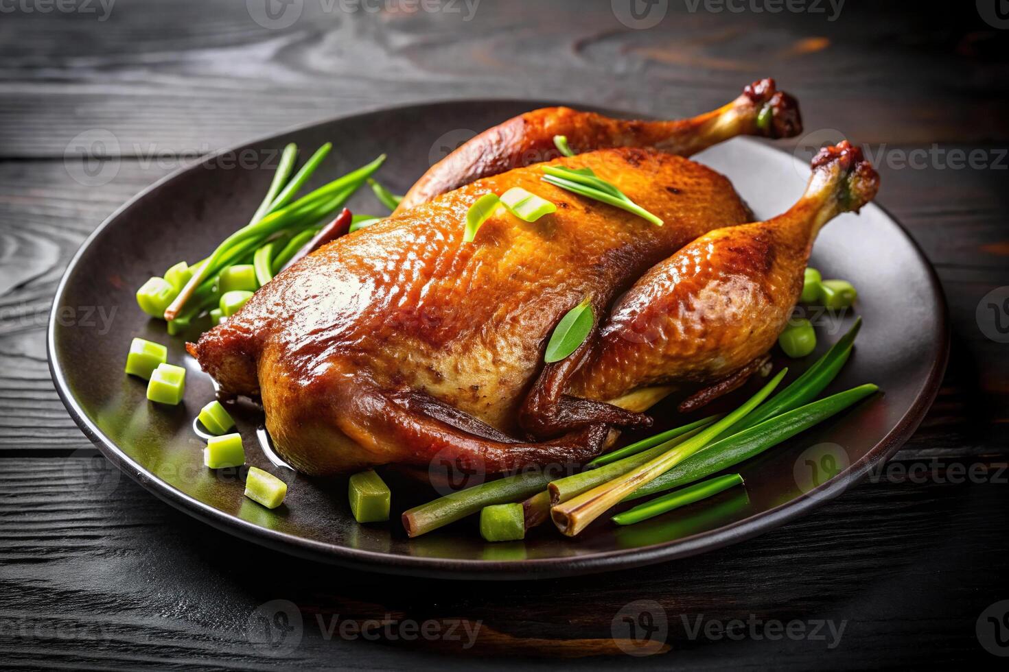 Delicious roasted duck with green onions served on a black plate photo