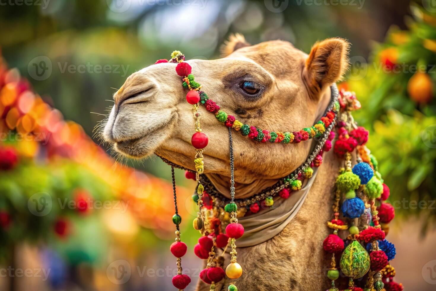 Celebratory camel pet camel adding charm to the festive ambience of Eid al Adha macro photo