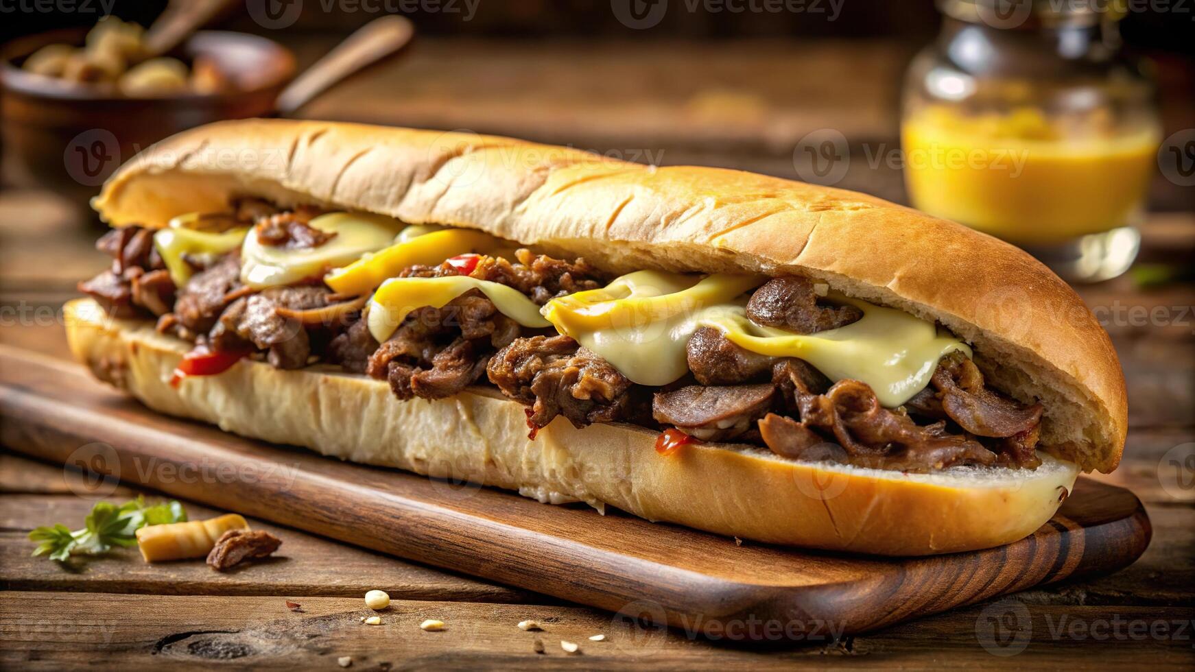 Delicious Philly Cheesesteak sandwich with melted cheese on hoagie roll from Worm's Eye View photo