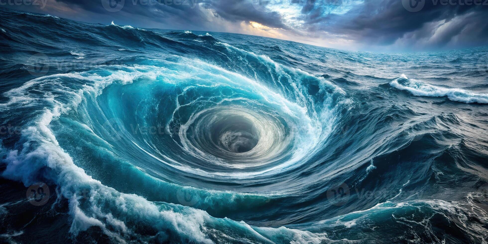Deep whirlpool in ocean storm, Eye Level stock photo