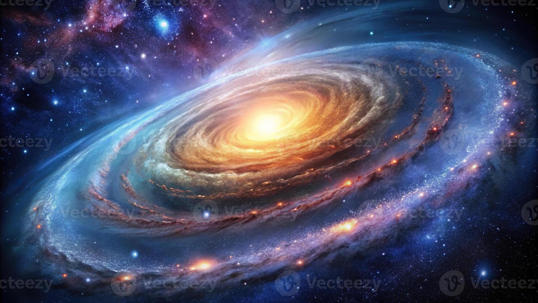 Deep space exploration with rotating spiral galaxy, star fields, nebulas photo