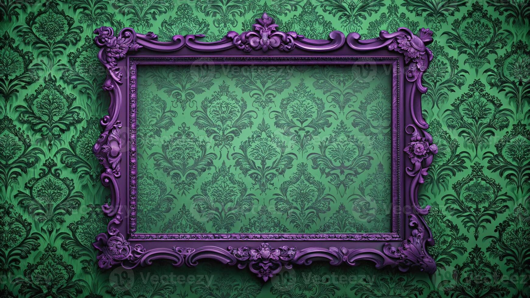 Deep purple wallpaper hosting an emerald green ornate frame richly opulent panoramic photo