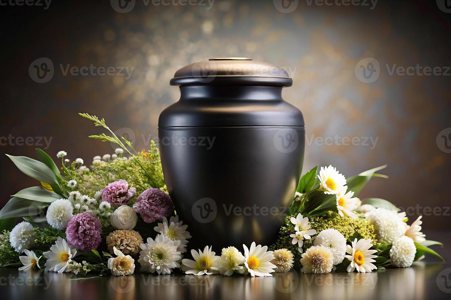 Elegant black urn with flowers and ashes photo