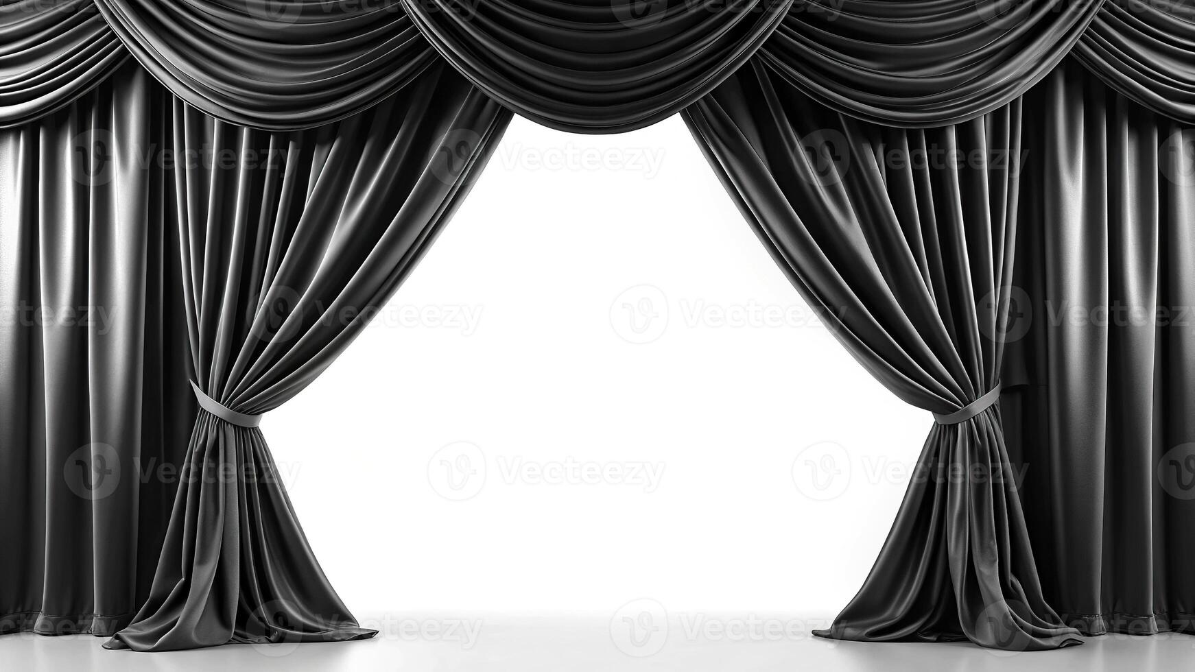 Elegant black velvet stage curtains draped against white background photo